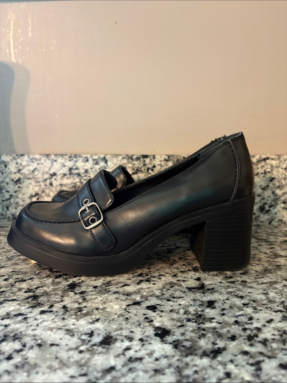 Y2K Mudd Black Chunky-Heel Loafers with Silver Buckle